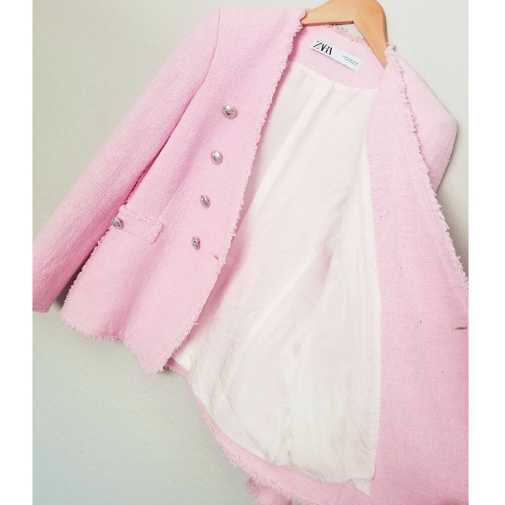Zara Pink Tweed Blazer Jacket Metallic Buttons XS Blogger's Favorite Romantic - Picture 13 of 16